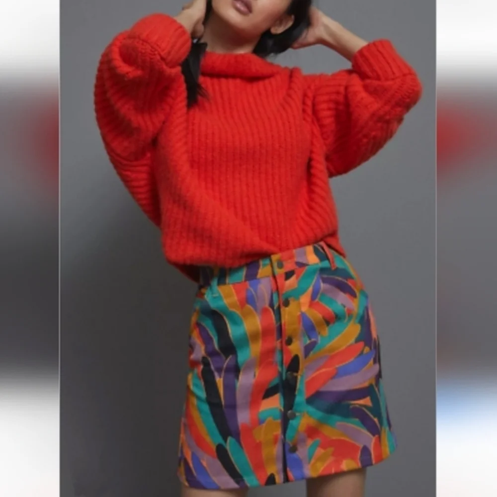 FARM RIO × Anthropologie Kiki Red Abstract Corduroy ButtonFront Mini Skirt S New